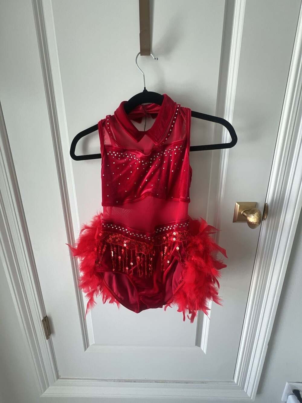 Weissman Red Rhinestone Feather Jazz Dance Costume Leotard LC